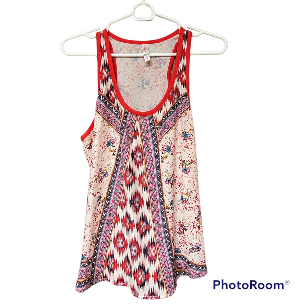 🔸XHILARATION: Women’s size L, patterned sleeveless blouse w/orange trim🔸